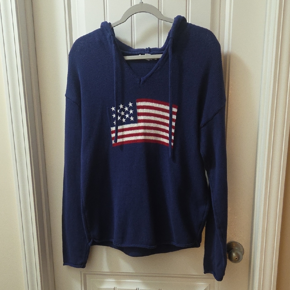 Women's Brit. NY Classic Navy V-Neck Hooded Sweater with USA Flag